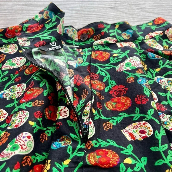 Coven United Womens Multicolor Rose And Skull Print Midi Box Pleated Skirt Small - Picture 8 of 10